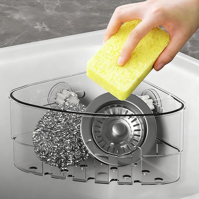 2PCS Sink Organizer Rack,2 Size Suction Sinkware Organizer,Triangle Sink Strainer Basket with Drain Hole, Corner Sink Trash Catcher for Kitchen for Sponges, Scrubbers Sink Corner Drain Box
