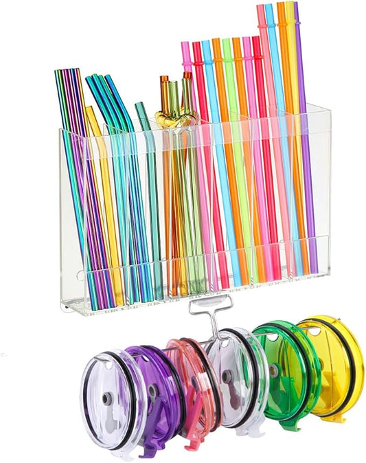 10''Acrylic Straw Holder for Cabinet Door with Tumbler Straw Organizer,Large Straw Storage with Washable Sticky Reusable Cup Lid Holder,Water Bottle Accessories Organizer for Kitchen(Clear)