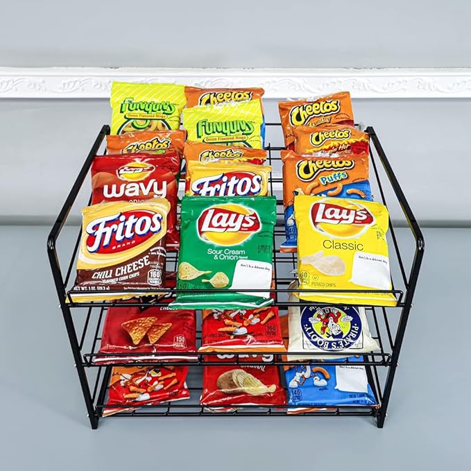 FixtureDisplays® Stackable Can Rack Organizer, Stackable Potato Chip Bag Storage Dispenser for Kitchen Cabinet or Pantry, Black 17.35" Wide x 12.8" Deep x 14" Tall 10145-NPF