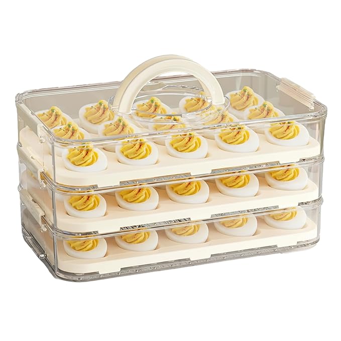 Deviled Egg Containers with Lid, Deviled Egg Carrier 3-Layer Plastic Clear Tray with Lid & Handle & Buckle Thickened 60 Holder for Fridge, Travel, Party, Carrier
