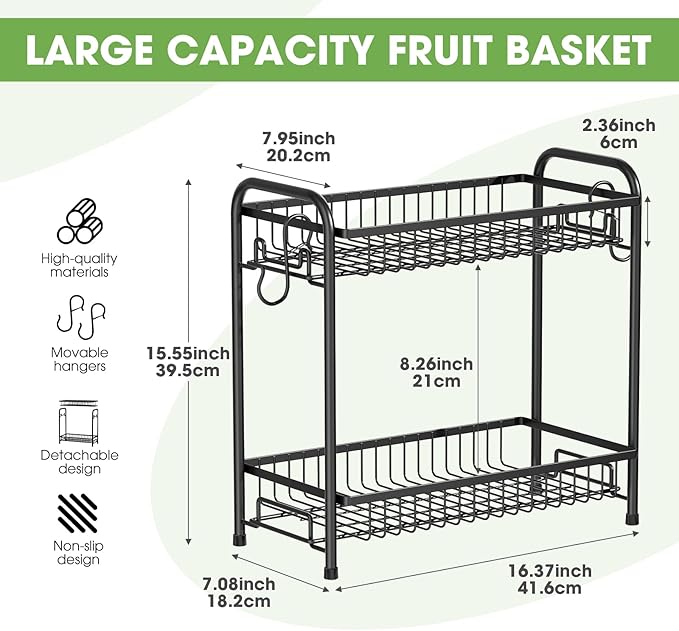 Fruit Basket for Kitchen Counter, Extra Large Fruit Bowl with Banana Hangers, 2 Tier Fruit Holder Stand Countertop Organizer for Vegetable Onion Potato Bread Snack Produce Storage and Display, Black
