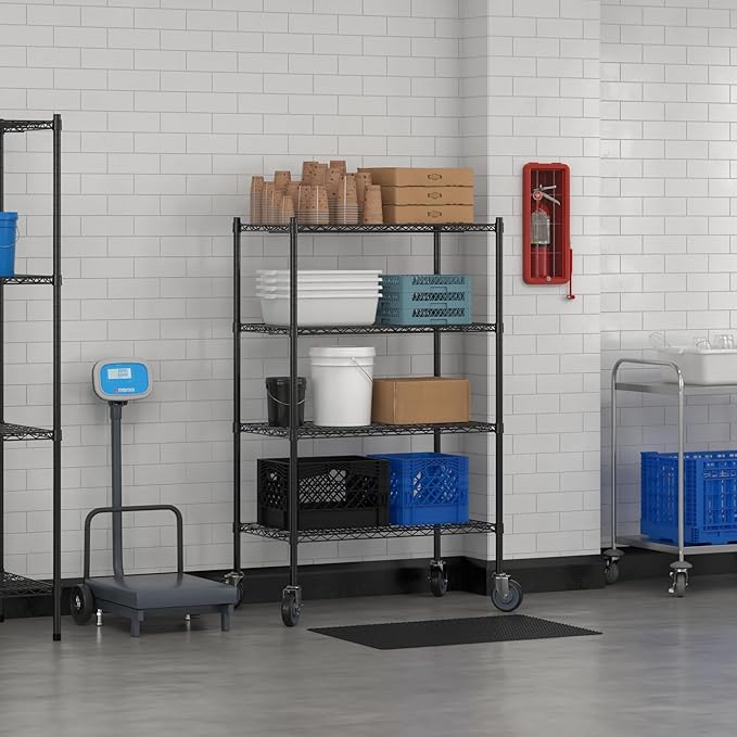 Commercial NSF Listed Black Epoxy Mobile Wire Shelving Kit 21" x 36" x 60", with 4 Shelves Perfect for Warehouse, Walk-in Refrigerator, Freezer, Grocery Store, Restaurant, Dishroom