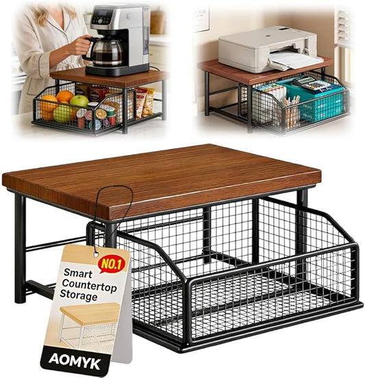 Kitchen Countertop Organizer with Drawer and Wire Basket, Microwave Cart Stand with Sliding Storage Shelf, Space-Saving Counter Organizers Rack, Compact 2-Tier Shelf for Coffee Maker(Teak-Black)