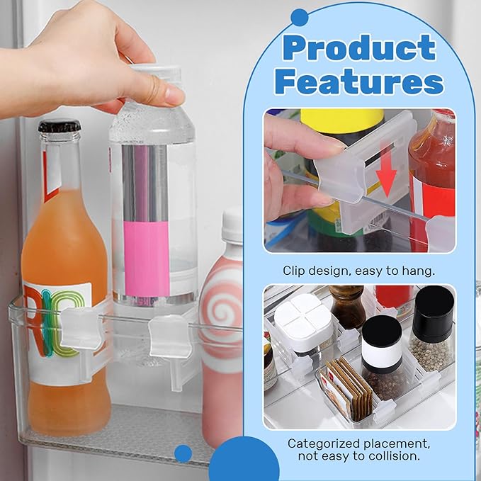 8 Pcs Adjustable Clear Fridge Divider Set, Retractable Fridge Door Organizer Clip, Snap-On Unexpanded: 3.1 x 1.9 Inches (8 x 5 cm) Expanded: 4.7 x 1.9 Inches (12 x 5 cm)