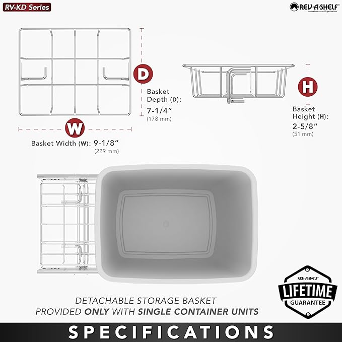 Rev-A-Shelf Pullout Trash Can for Kitchen Cabinets 35 Qt Garbage Waste Recyling Bin with Full Extension Slides, Red, RV-12KD-16C-S