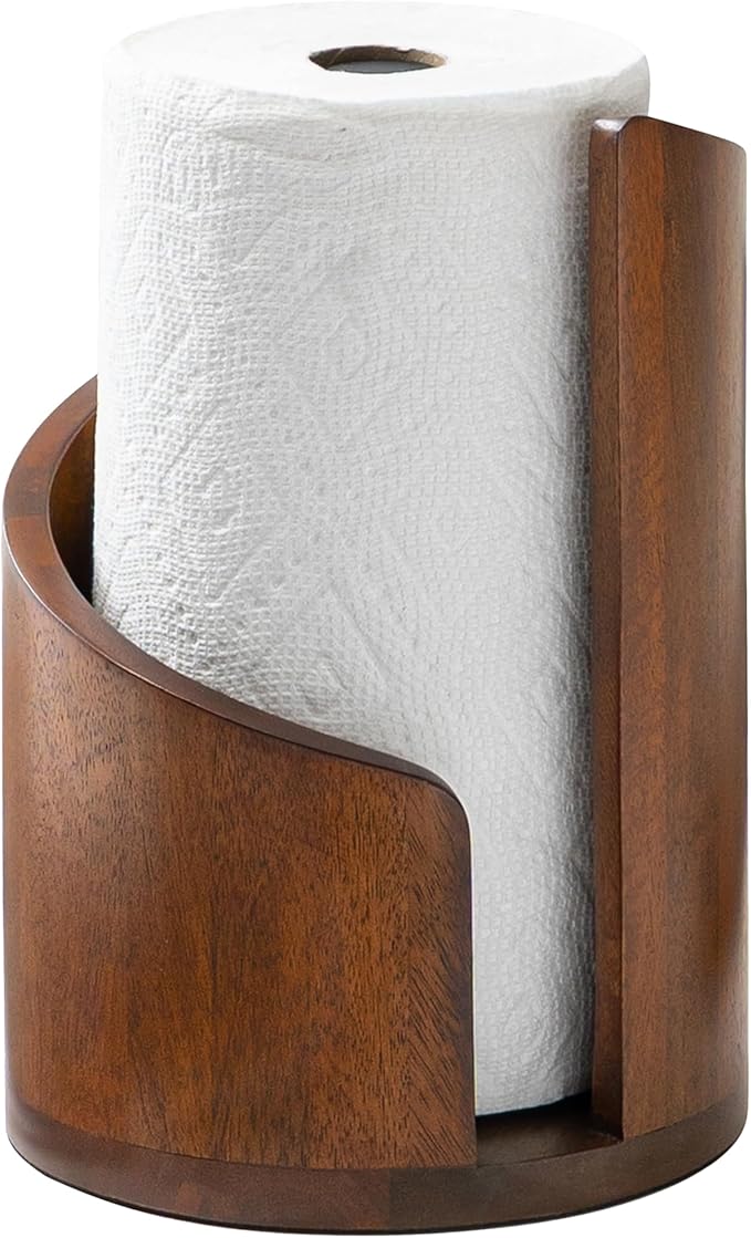 Anji Mountain Paper Towel Holder Countertop with Mango Wood Round Base and Iron Holder,Holder Stand for Kitchen Roll Organize,Wooden Paper Towel Holder for Kitchen Dining Table Home Decor