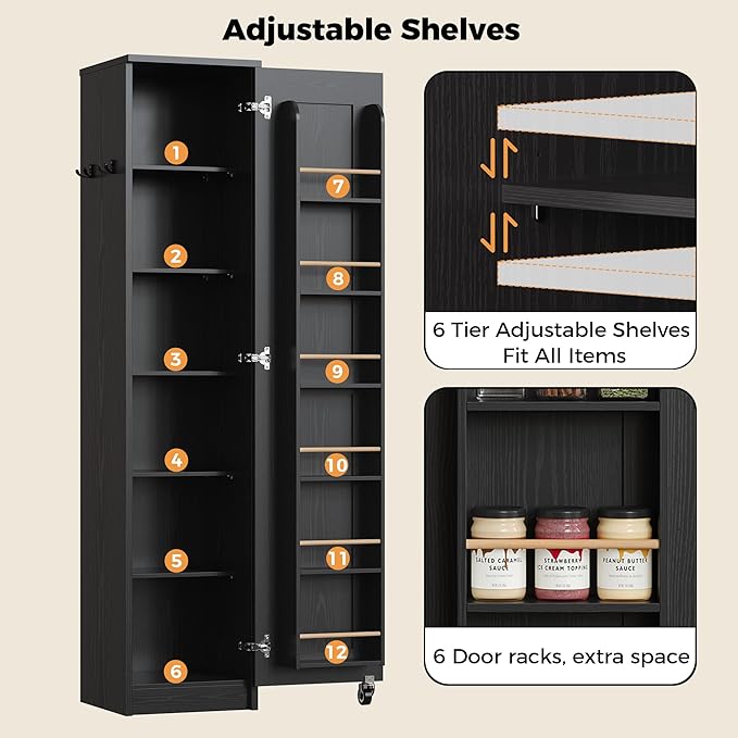IRONCK Narrow Kitchen Pantry Storage Cabinet, 72" Slim Single Door with 6 Adjustable Shelves, Door Rack and Wheels, Space Saving Freestanding Storage Floor Cabinet for Small Place, Black