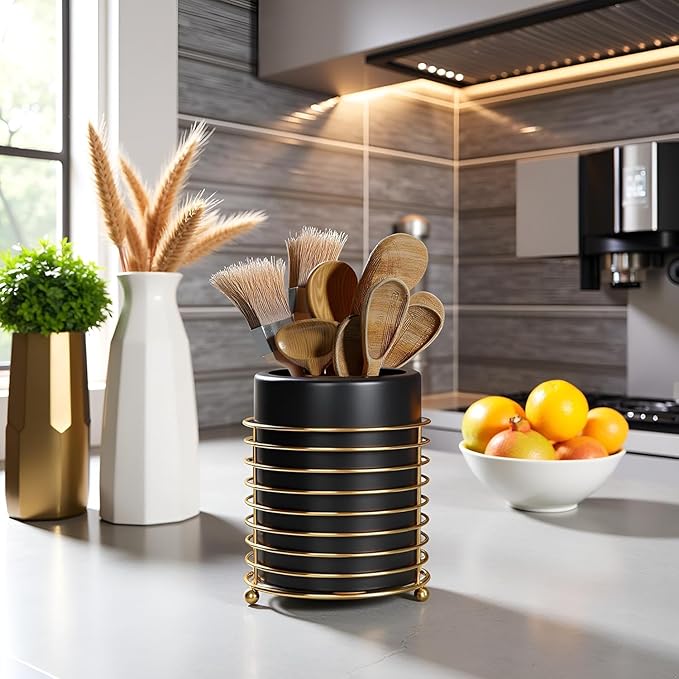 Dining Utensil Holder Cooking Utensil Holder,Gold Ring Metal Frame and Black Ceramics