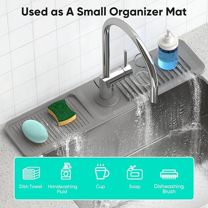 24 Inch Longer Faucet Mat for Kitchen Sink [5° Slope Fast Self-draining]Bathroom Kitchen Sink Splash Guard Silicone Sinks Faucet Mat Splash Guard for Kitchens Sinks Area Tidy Splashs Draining Mats