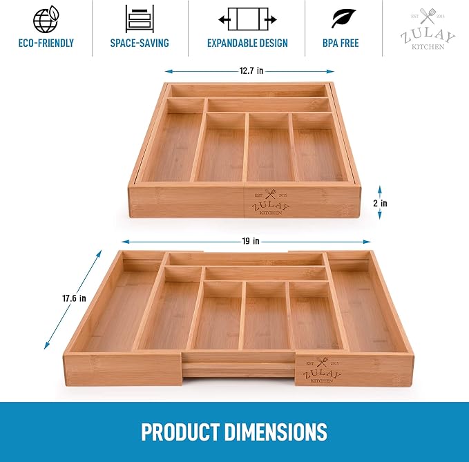 Zulay Expandable Bamboo Drawer Organizer - Adjustable Kitchen Drawer Organizer - Perfect Utensil Organizer For Silverware, Kitchen Knives, Flatware, and More