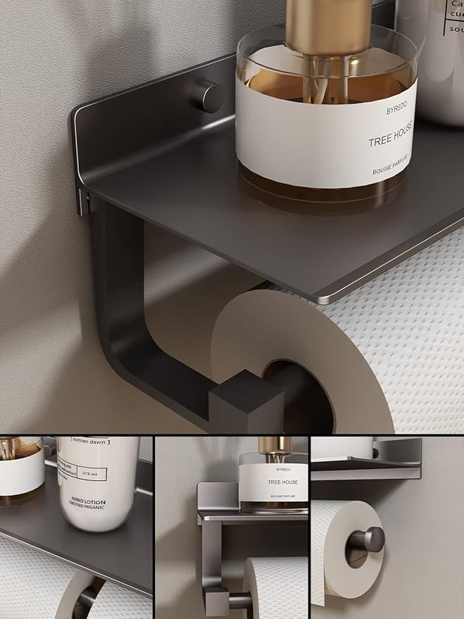 Paper Towel Holder Wall Mount - for Bathroom Hand Towel Holder for Bathroom Black Paper Towel Holder with Shelf Grey