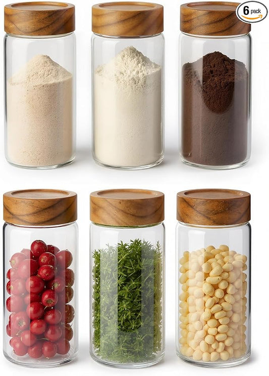 6 -Piece 13 oz Food-Grade Glass Mason Jars with Acacia Wood Lids, Sealable Waterproof, Transparent Easily Stackable for Overnight Oats, Spice Storage & Snack Organizing