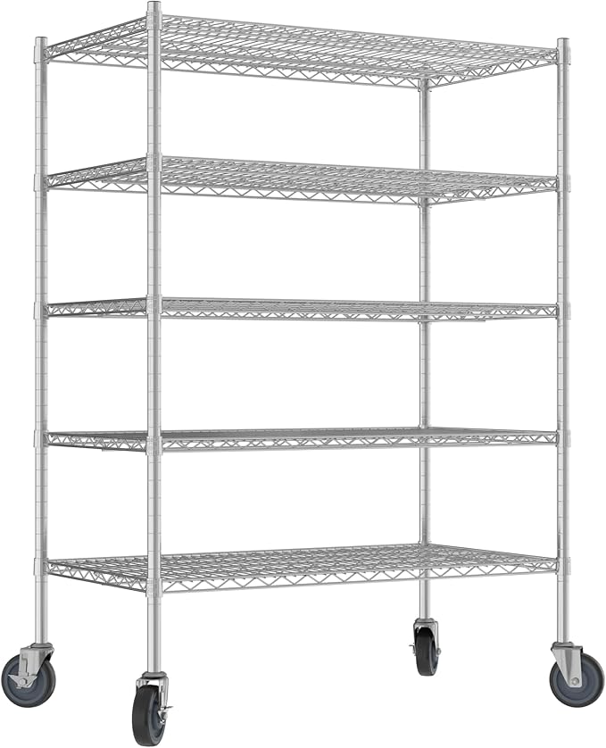 Commercial NSF Listed Chrome Mobile Wire Shelving Kit 24" x 42" x 60", with 5 Shelves Perfect for Warehouse, Walk-in Refrigerator, Freezer, Grocery Store, Restaurant, Dishroom