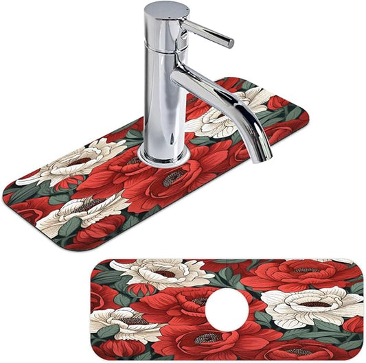 Red And White Roses Kitchen Faucet Mat Splash Guard, 15.4”x5.7” Absorbent Quick Drying Sink Mat for Countertop Protection, Draining Mat Sink Protectors For Kitchen Bathroom, 1 Pack