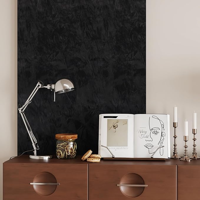 CRE8TIVE Crinkle Crushed Velvet Wallpaper 12"x80" Black Peel and Stick Wallpaper Self Adhesive Velvet Flocking Liner for Jewelry Drawer Box Lining Black Felt Sheets for DIY Crafts Displays Accent Wall