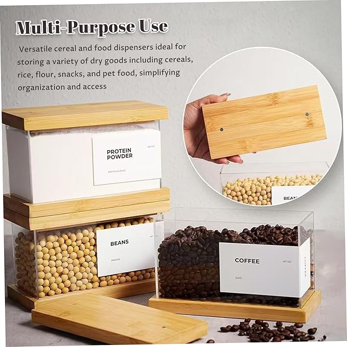 Rice Dispenser, 2PCS Cereal Storage Containers Wooden Cereal Containers with Lids Airtight Food Storage Container for Rice, Flour, Snack Pet Food