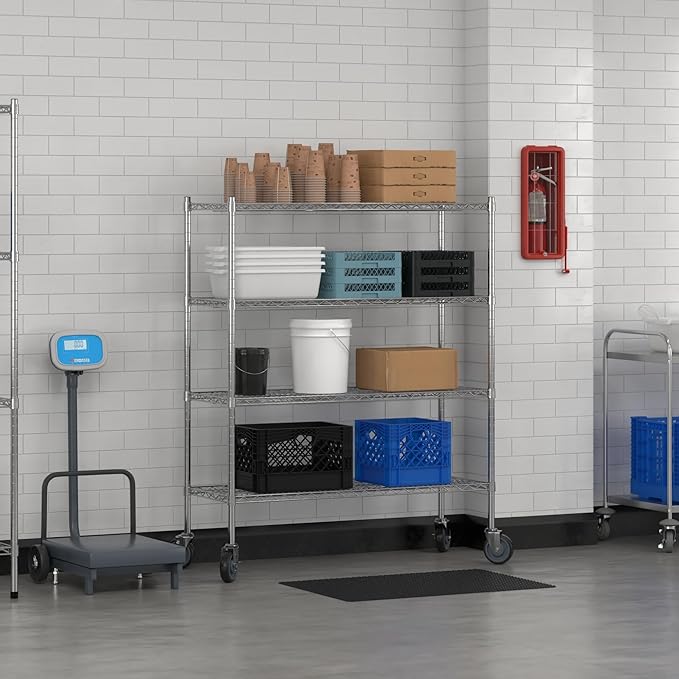Commercial NSF Listed Chrome Mobile Wire Shelving Kit 18" x 48" x 60", with 4 Shelves Perfect for Warehouse, Walk-in Refrigerator, Freezer, Grocery Store, Restaurant, Dishroom