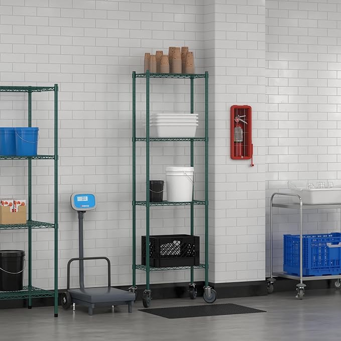 Commercial NSF Listed Green Epoxy Mobile Wire Shelving Kit 12" x 24" x 80", with 4 Shelves Perfect for Warehouse, Walk-in Refrigerator, Freezer, Grocery Store, Restaurant, Dishroom