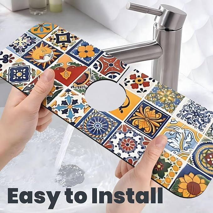 2Pcs Dish Drying Mats Faucet Mats Sets Large Size Coffee Mats Sink Faucet Mat Splash Guard for Kitchen Counter Bathroom Sink Coffee Bar Kitchen Decor (Retro Boho, 18"x24" 15" x 5.5"Set)
