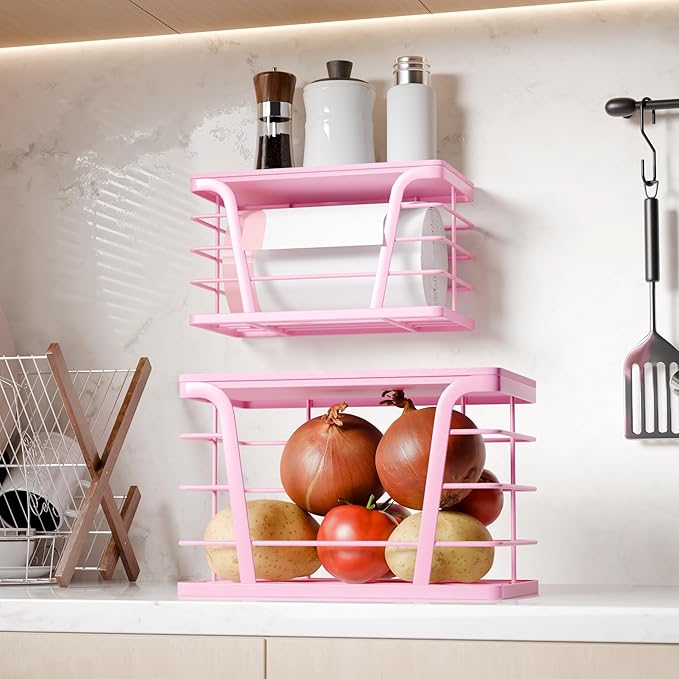 2 Pack Pink Trash Bag Holder for Kitchen Organization, Upgraded Large Stackable Garbage Bag Dispenser with Bamboo Top, Aesthetic Grocery Bag Storage for Pantry, Laundry Room, Wall Mount
