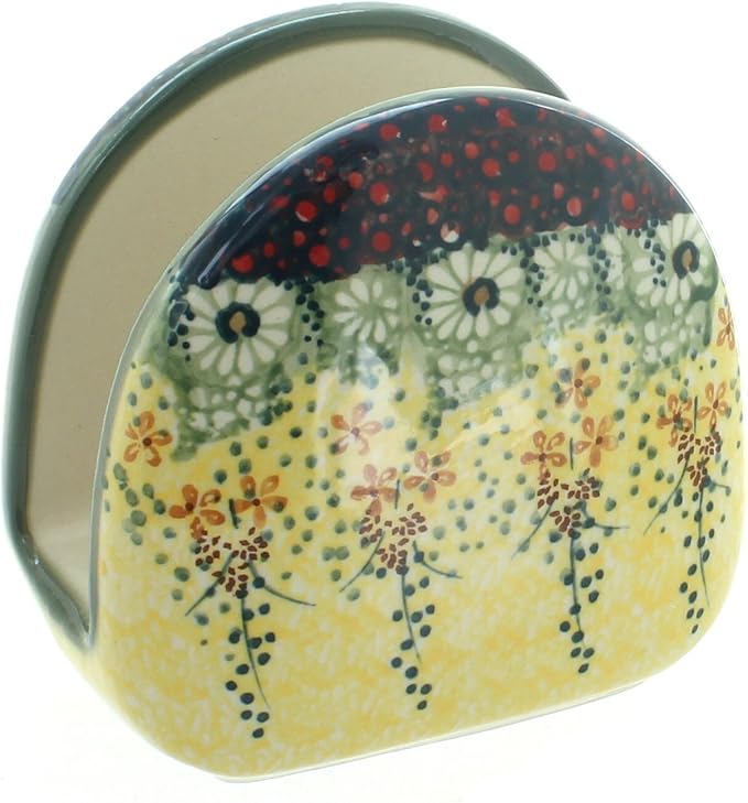 Blue Rose Polish Pottery - Yellow Sunshine Grotto Napkin Holder - 5" x 5" - Ceramic Napkin Holders, Decorative Dining Table Accessories