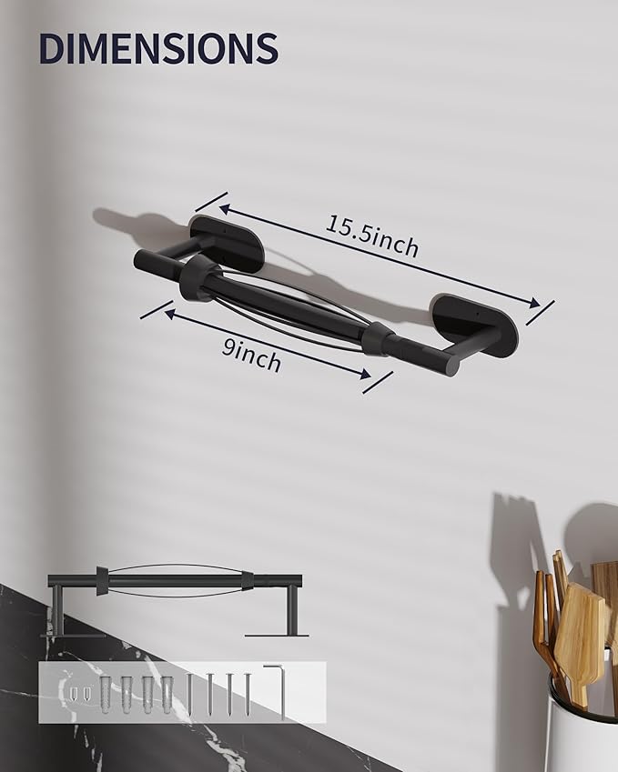 Paper Towel Holder Under Cabinet, Self Adhesive or Wall Mount for Kitchen Bathroom, Stainless Steel Paper Towel Holders with Damping Effect, Single Hand Operable (Matte Black)