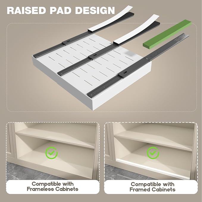2 Pack Pull Out Cabinet Organizer 18" Deep,Full Extension 3 Slide Rails Slide Out Drawers With Raising Pad for Framed Cabinets,Expandable Width (12.3"-20.5"),No Drill Roll Out shelf,White