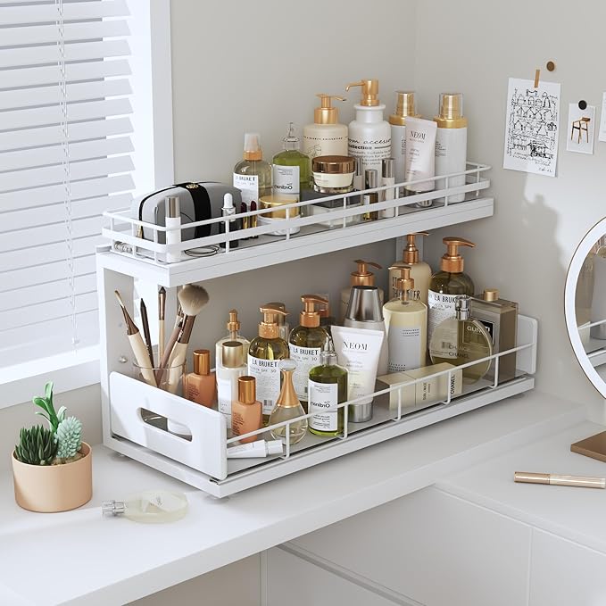 1 Pack 18 IN Depth Under Sink Organizer with Smooth Ball Bearing Slides,2-Tier Pull Out Cabinet Storage,Slide Out Drawers for Bathroom&Kitchen,Rust-resistant Coating,Height Adjustable-White