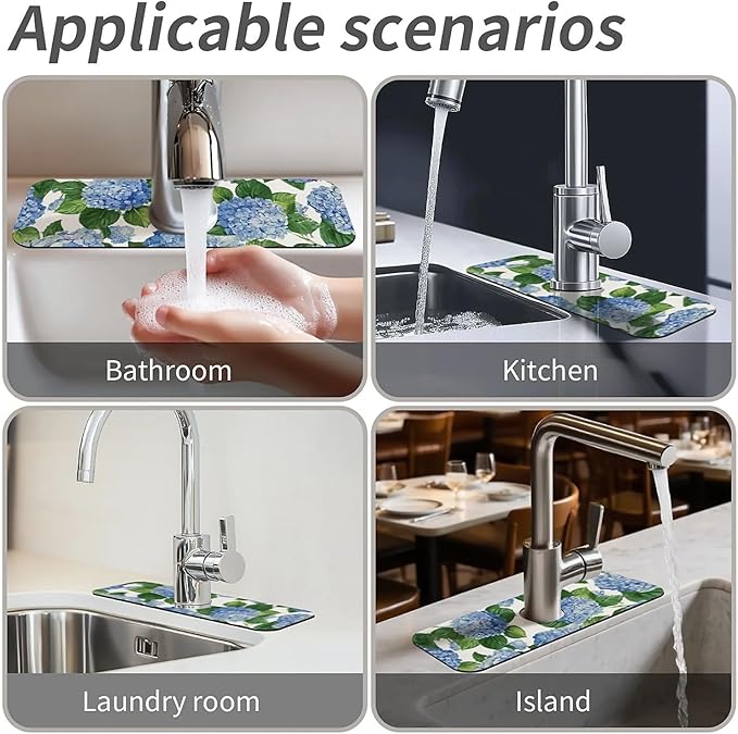 Kitchen Sink Splash Guard，Blue hydrangea Faucet Mat Sink Gadgets-Super Absorbent Fast Drying Mat Drip Catcher for Kitchen, Bathroom,Sink Mat, Dish Drying Mat, Bathroom(15" X 5.5" )