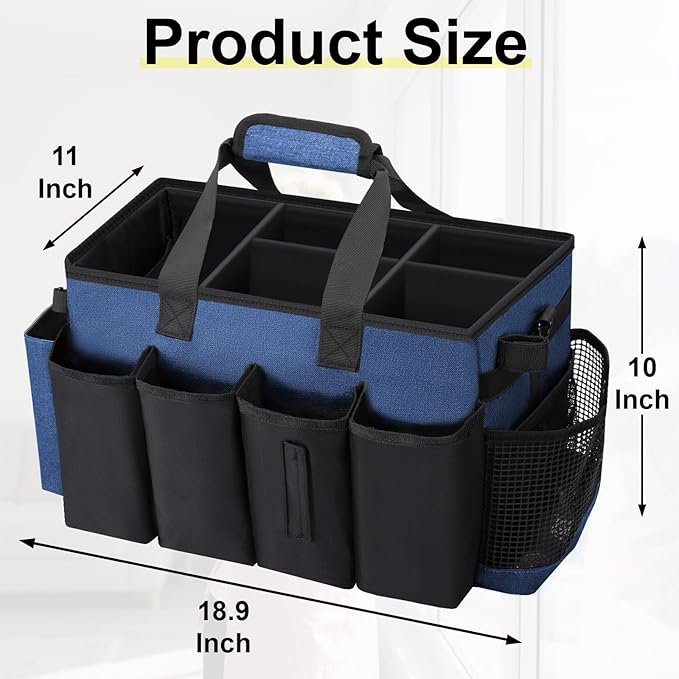 Wigojoy Wearable Large Cleaning Caddy Bag for Housekeeper, Clean Supply Organizer with Adjustable Shoulder, Waist & Handle Straps, Detailing Bag for Kitchen Supplies (Blue)