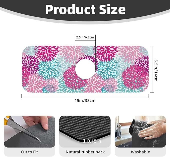 Dahlia Bright Flower 15" X 5.5" Kitchen Sink Splash Guard Faucet Faucet Guard Draining Mat Sink Splash Guard Faucet Kitchen Bathroom