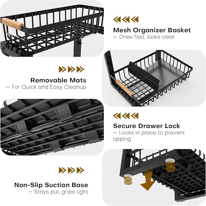 ZELOREA Under Sink Organizer, 2 Tier Pull Out Under-Sink Shelves, Adjustable Height (13.8" -16.9"), Sturdy Metal Storage Organizer for Bathroom Kitchen Pantry Cabinet (2 Packs, Black)