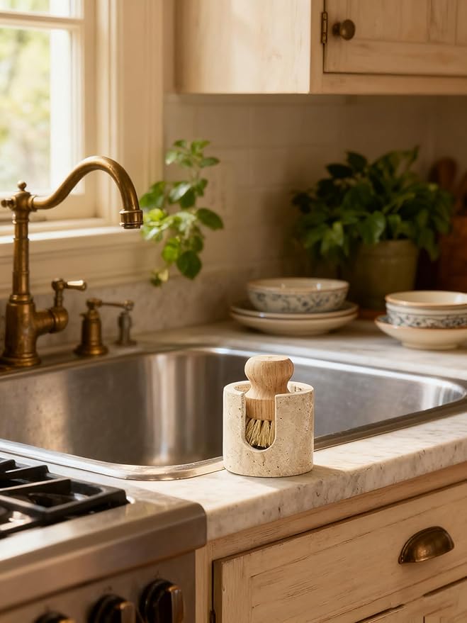 Natural Travertine Sponge Holder & Drying Rack for Kitchen Sink Non-Slip Grip Fast-Absorbing Stone Sponge Caddy Organizer Sturdy Bathroom or Kitchen Counter Accessory Beige