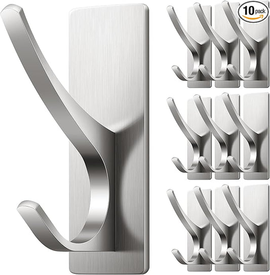 Josmimic 10 Pack Self Adhesive Towel Hooks: Extra Strong 13LB, Stainless Hook for Hanging Loofah, Towels, Coat, Bath Robe Bathroom Shower, Brushed Nickel