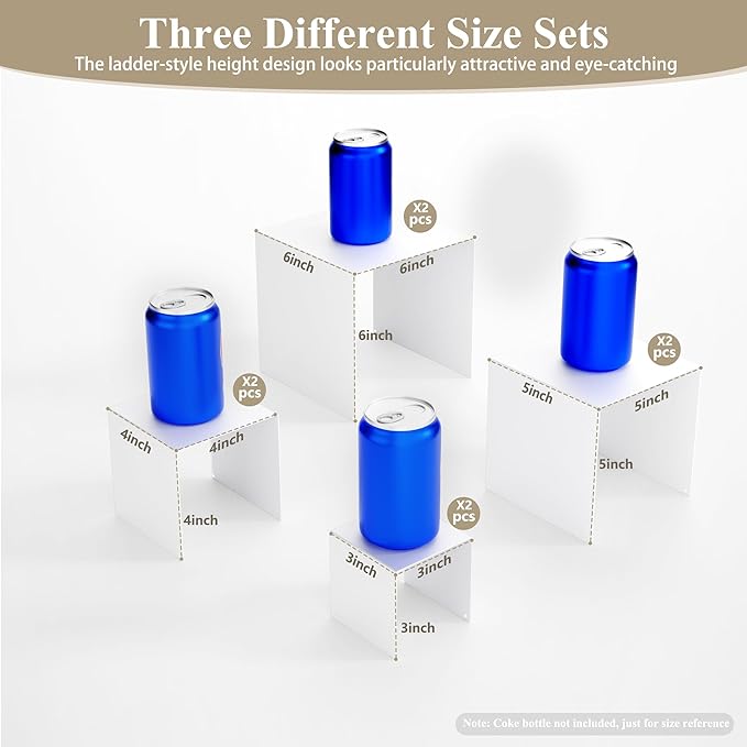 Matte Metal Display Stand,6 Pcs 2 Set Display Risers for Display, Metal Rectangular Display Shelf for Showcase, Dessert, Toys, Perfume (White, 3''x4''x5 x6)