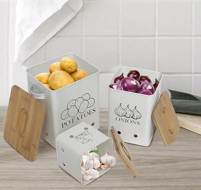 Kitchen Canisters Set, Storage Bin for Potato Onion & Garlic, 3 Pack Set Countertop Pots Containers with Wooden Lid - Potato Storage, Garlic Bin, Onion Keeper Tin with Aerating Holes-White