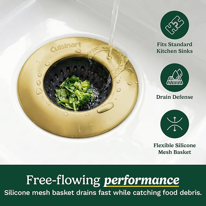 Cuisinart 2 Piece Sink Set – Sink Drain Strainer with Stainless Steel Rim & Silicone Mesh Base & Sponge Holder for Kitchen Sink, Metal Caddy with Triple Suction Cups, Daily Kitchen Essentials
