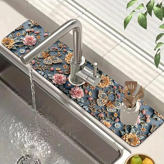 Gold Butterfly Kitchen Sink Splash Guard Faucet Mat Pink Floral Super Absorbent Fast Drying Mat Sink Splash Guard Behind Faucet for Kitchen Bathroom, 23.5"x5.5"
