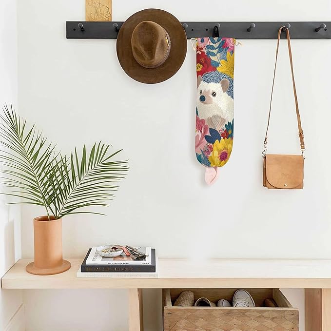 Plastic Bag Holder Wall Mount Grocery Bag Shopping Bag Storage Holder Organizer Dispenser with Adhesive Hook,for Kitchen Bathroom Home Decor 9x22 Inches Garden Flowers Hedgehogs Colorful12