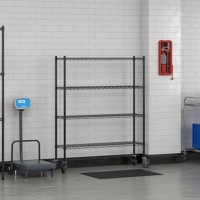 Commercial NSF Listed Black Epoxy Mobile Wire Shelving Kit 12" x 48" x 60", with 4 Shelves Perfect for Warehouse, Walk-in Refrigerator, Freezer, Grocery Store, Restaurant, Dishroom