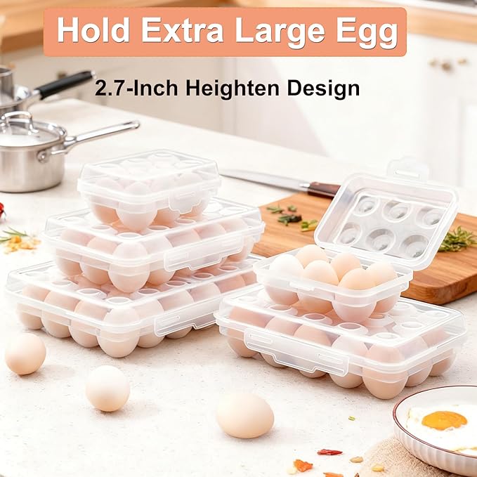 Large Egg Holder for Fridge Camping, Portable Egg Tray Carrier with Lid, Stackable Egg Storage Container with Safety Buckle (15 Grids Egg Tray)
