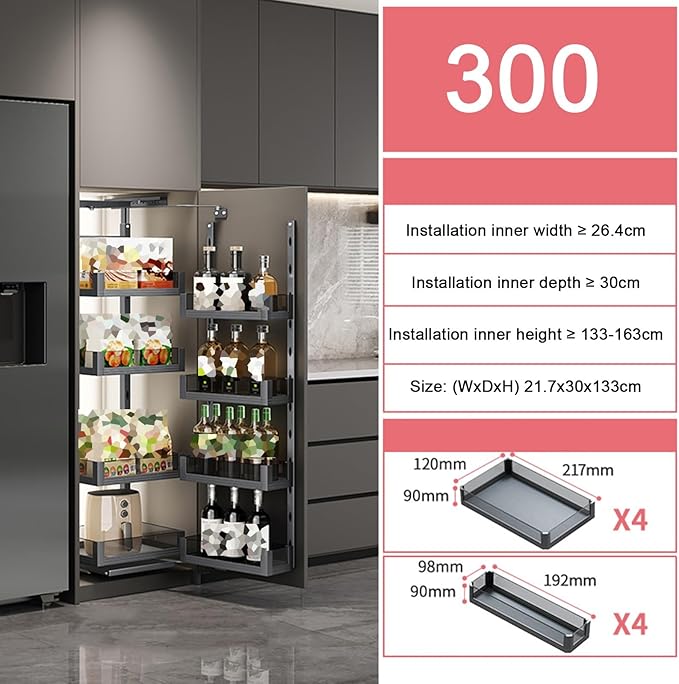 WIGING 4-Tier Narrow Cabinet Pull-Out Basket, High Cabinet Pull-Out Storage Rack with Adjustable Dividers for Kitchen Bathroom Pantry, Single-Layer Load Capacity: 15kg(21.7x30x133cm)