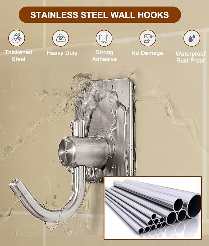 EDMILE Self Adhesive Towel Hooks for Bathrooms, Sturdy Wall Hooks for Walls No Damage, Waterproof Rustproof Stainless Steel Sticky Hooks for Hanging Shower, Bathroom, Kitchen, Robe, Coat, Silver