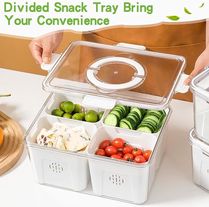 NEWGDN Stackable Refrigerator Organizer Bins with Lids, 4-Compartment Fridge Storage Container with Colanders & Handles, Clear Airtight Food Saver for Fruit, Vegetables & Berries