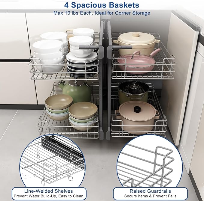 VADANIA Blind Corner Pull Out Organizer for 32" Cabinet, Left Open & Right Open Compatible, Min Opening 14", 2-tier Pull-out Basket, Soft Close, Bottom Mount