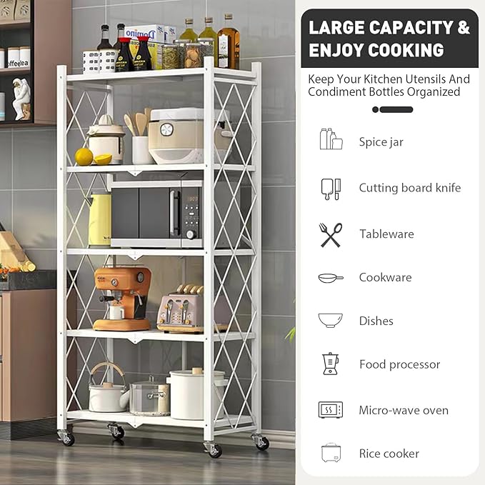 Foldable Storage Shelves with Wheels, Folding Shelving Units Storage, Heavy Duty Metal Collapsible Shelf No Assembly, Large Capacity Pop-Up Organizer for Garage,Kitchen,Living Room, 5-Tier White