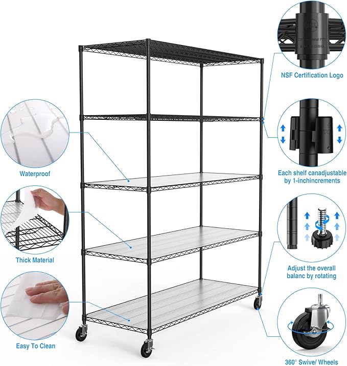 Ufurpie 5 Tier Wire Shelving Unit 7500lbs Capacity NSF Metal Shelf, Heavy Duty Adjustable Shelf Liners Storage Rack for Commercial Grade Utility Steel Rolling Shelving, 82" H X 60" L X 24" D