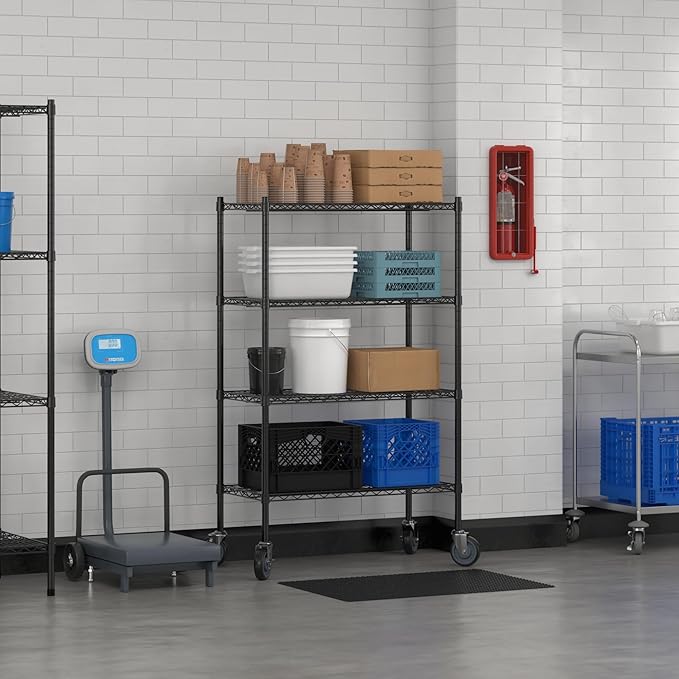 Commercial NSF Listed Black Epoxy Mobile Wire Shelving Kit 18" x 36" x 60", with 4 Shelves Perfect for Warehouse, Walk-in Refrigerator, Freezer, Grocery Store, Restaurant, Dishroom