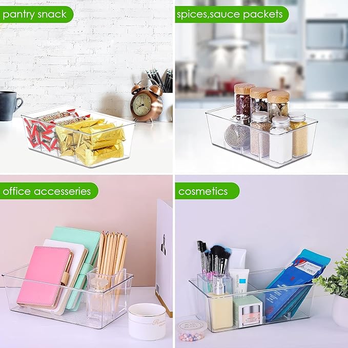 Wilfox 5 Pack Clear Pantry Organizer Bins with Removable Dividers, Kitchen Storage and Organization Product Accessories