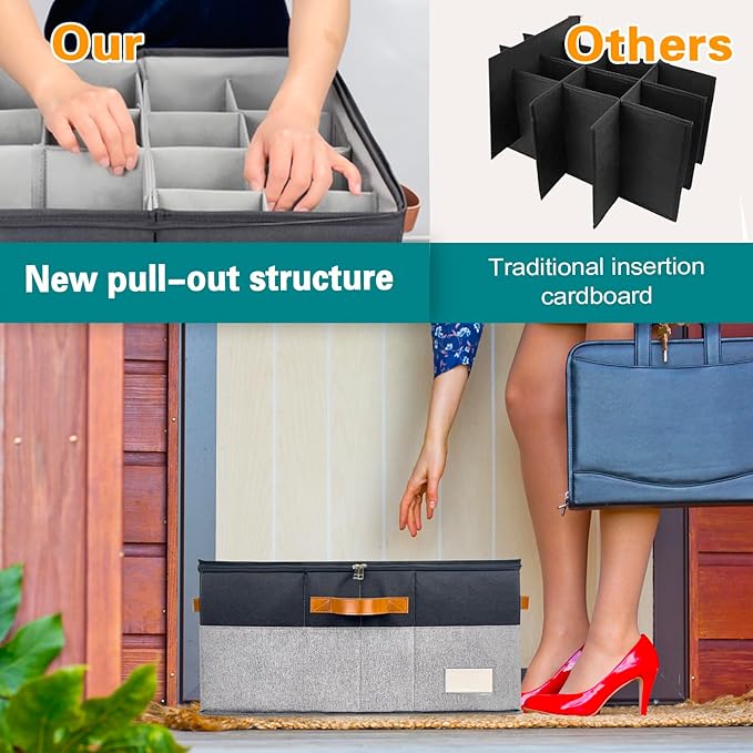 RONCHIL Shoe Organizer for Closet, Foldable Shoe Storage Bins with Clear Cover, Space Saving Shoes Holder with 4 Handles, Large Adjustable Shoe Box Storage Containers, Fits 12-24 Pairs, 1 Pack, Black